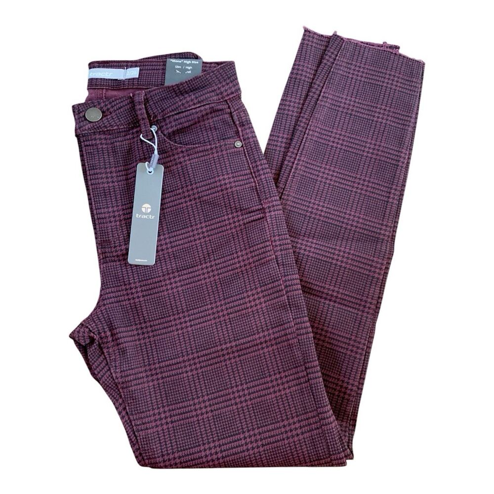 NWT Tractr Mona High Rise Crop Slim Fit Jeans Houndstooth Plaid Maroon - Size 2